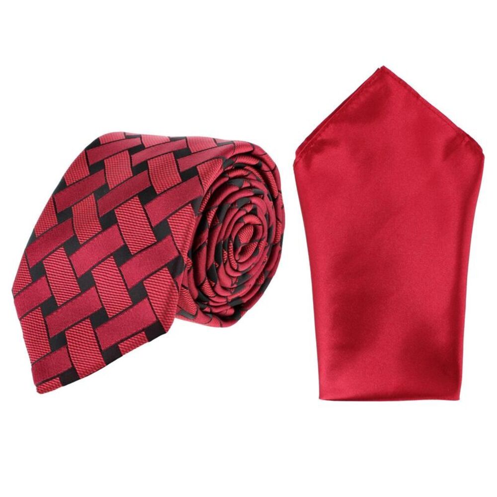 Essentials by Trafalgar Criss Cross Patterned Necktie and Solid Pocket Square